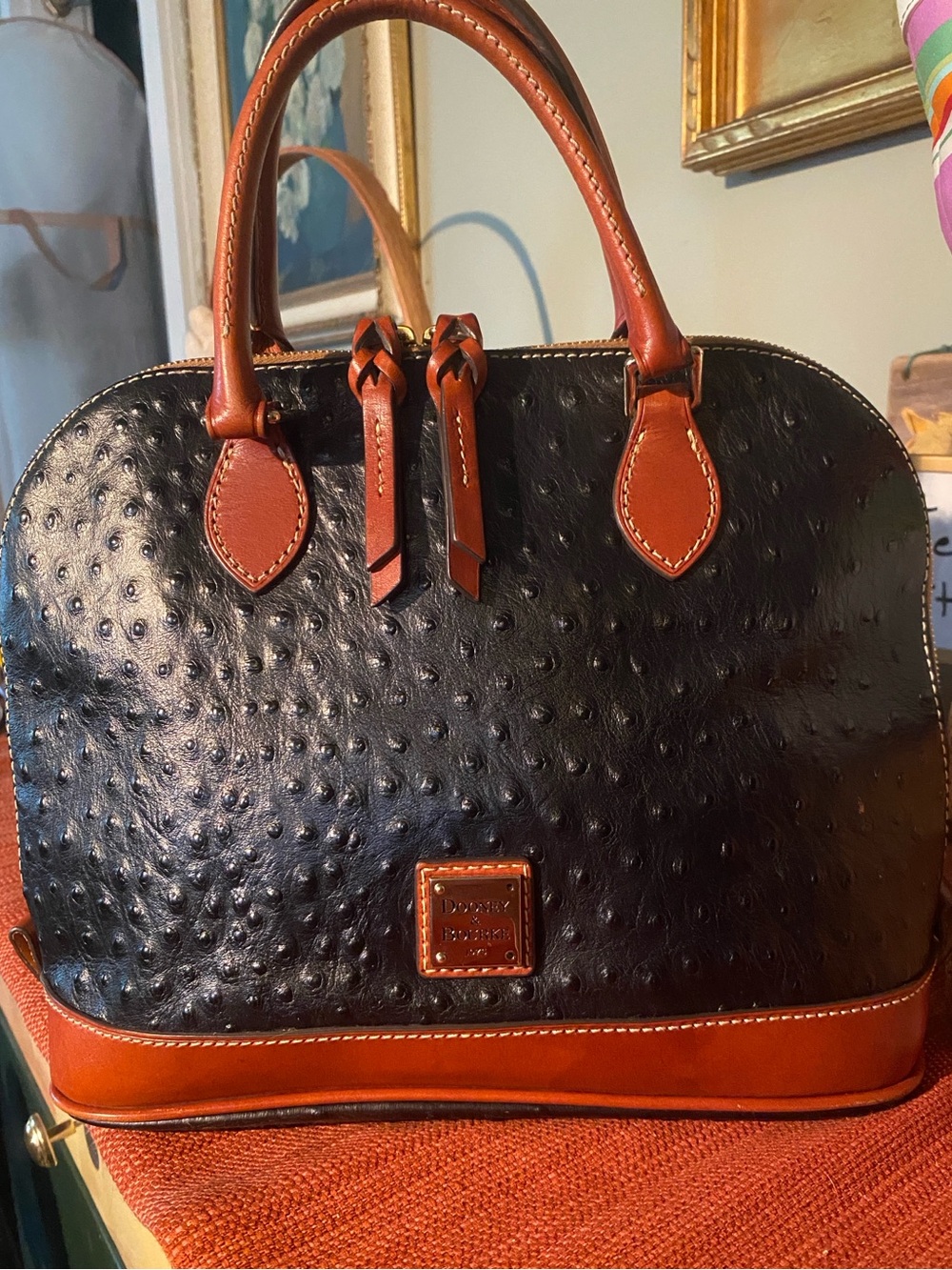 Dooney & Bourke Black Ostrich-Embossed Leather Satchel with Brown Trim